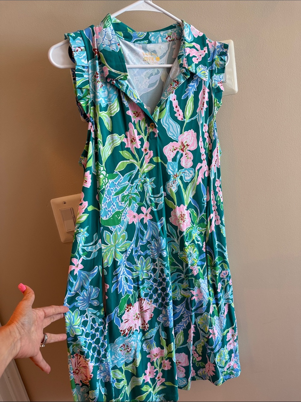 Lilly Pulitzer Teal Floral Collared Sleeveless Dress with Pink & Green